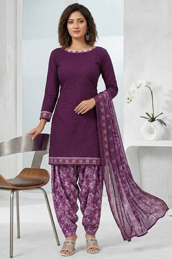 Purple printed cotton blend stitched floral print salwar kurta dupatta for women