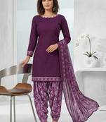 Purple printed cotton blend stitched floral print salwar kurta dupatta for women
