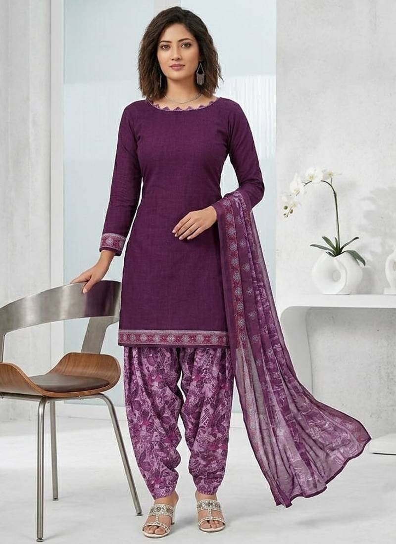 Purple printed cotton blend stitched floral print salwar kurta dupatta for women