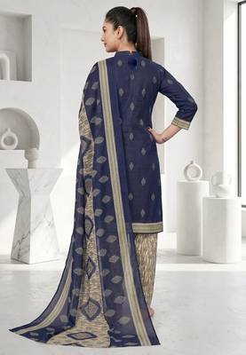 Blue printed cotton blend stitched geometric print salwar kurta dupatta for women 3