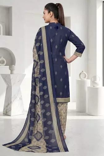 Blue printed cotton blend stitched geometric print salwar kurta dupatta for women
