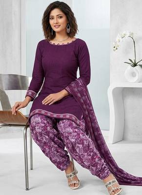 Purple printed cotton blend stitched floral print salwar kurta dupatta for women 2