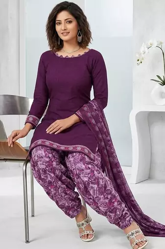 Purple printed cotton blend stitched floral print salwar kurta dupatta for women