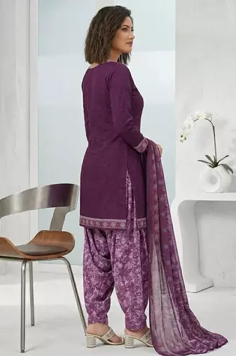 Purple printed cotton blend stitched floral print salwar kurta dupatta for women