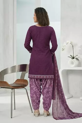 Purple printed cotton blend stitched floral print salwar kurta dupatta for women