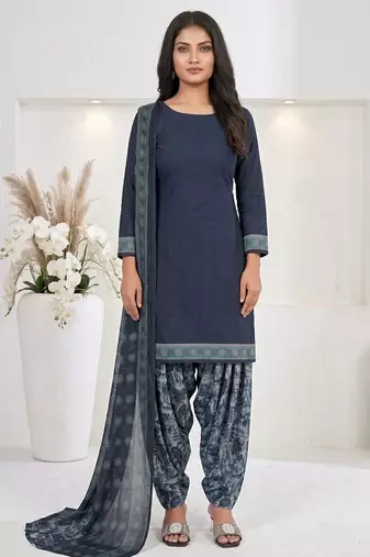 Blue printed cotton blend stitched floral print salwar kurta dupatta for women