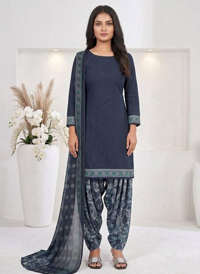 Blue printed cotton blend stitched floral print salwar kurta dupatta for women