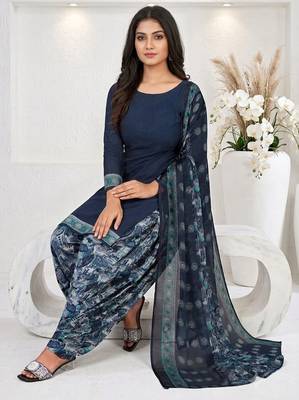 Blue printed cotton blend stitched floral print salwar kurta dupatta for women 2