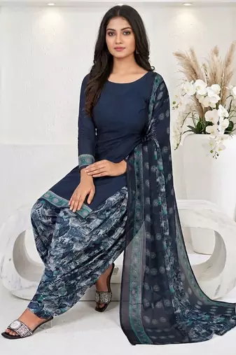 Blue printed cotton blend stitched floral print salwar kurta dupatta for women