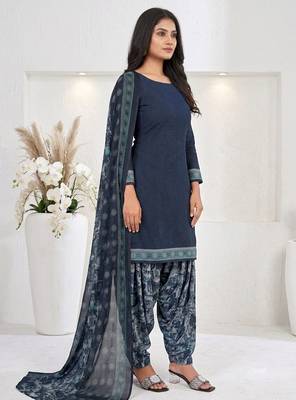 Blue printed cotton blend stitched floral print salwar kurta dupatta for women 3