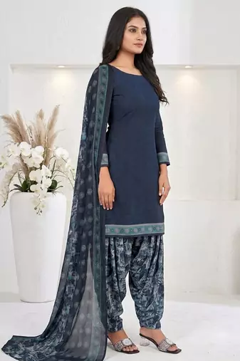 Blue printed cotton blend stitched floral print salwar kurta dupatta for women