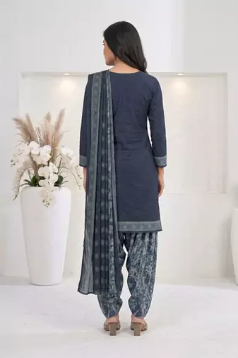 Blue printed cotton blend stitched floral print salwar kurta dupatta for women