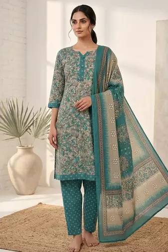 Teal printed cotton blend stitched floral print salwar kurta dupatta for women