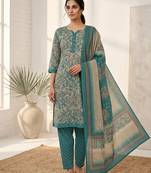 Teal printed cotton blend stitched floral print salwar kurta dupatta for women