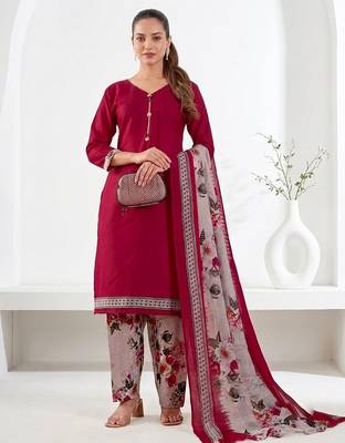 Red printed cotton blend stitched floral print salwar kurta dupatta for women 1