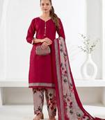 Red printed cotton blend stitched floral print salwar kurta dupatta for women