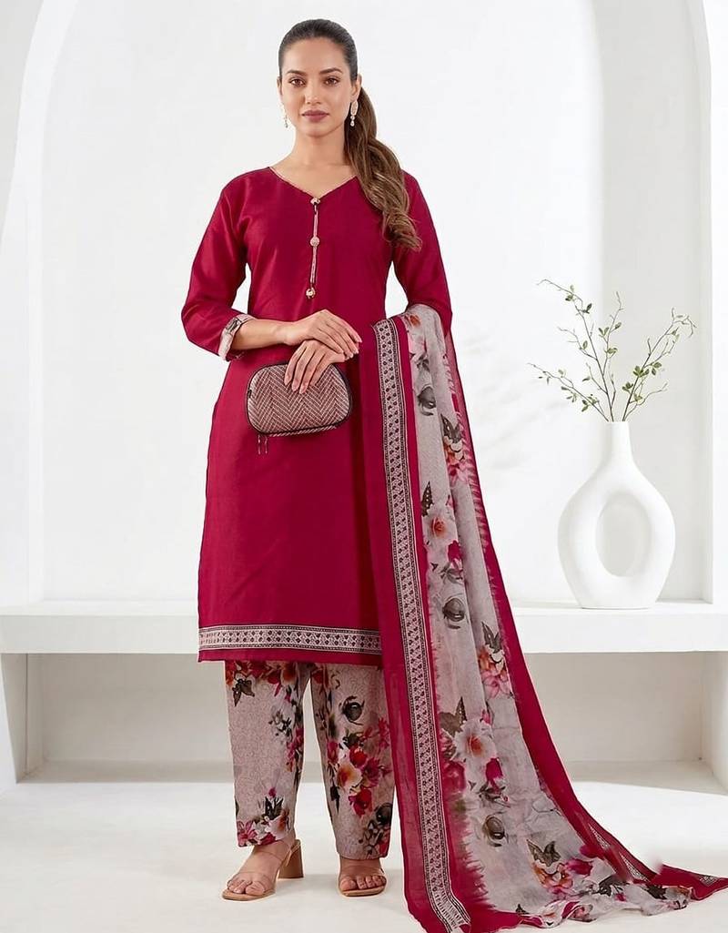 Red printed cotton blend stitched floral print salwar kurta dupatta for women