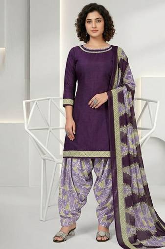 Purple printed cotton blend stitched geometric print salwar kurta dupatta for women