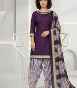 Purple printed cotton blend stitched geometric print salwar kurta dupatta for women