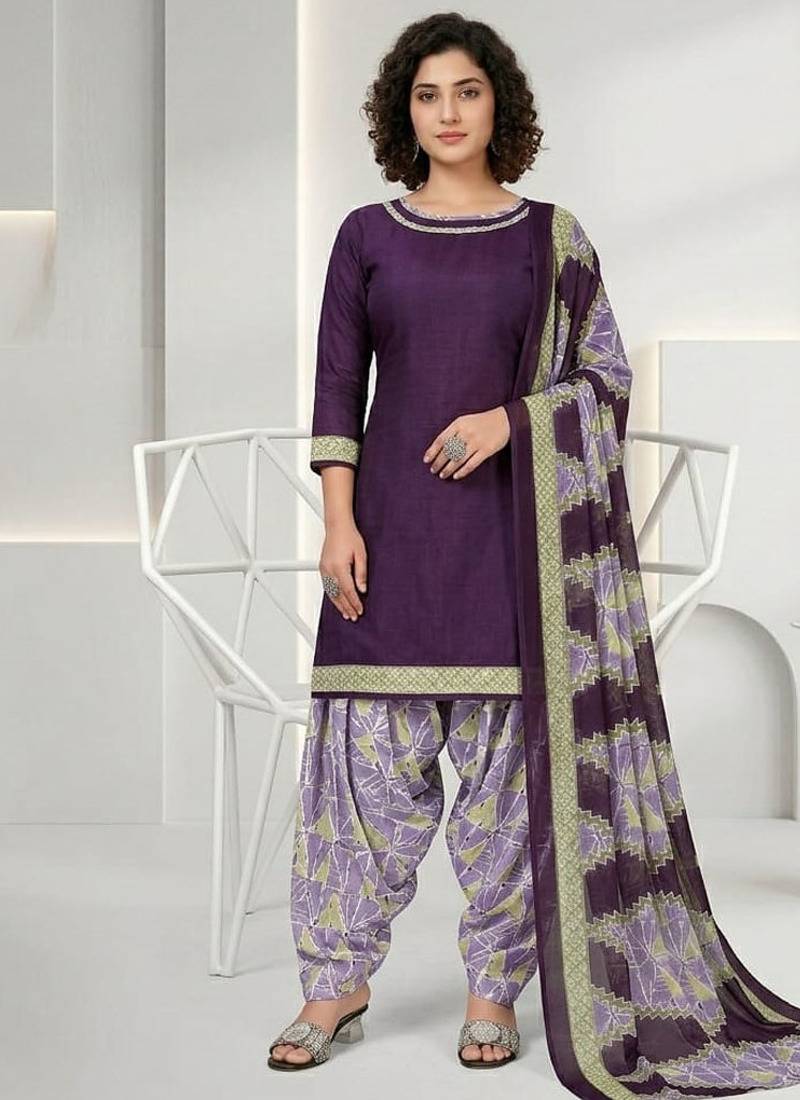 Purple printed cotton blend stitched geometric print salwar kurta dupatta for women