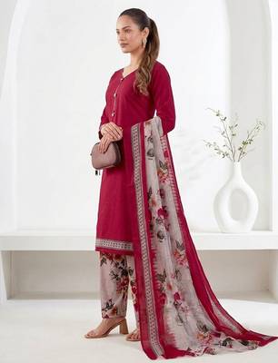 Red printed cotton blend stitched floral print salwar kurta dupatta for women 2
