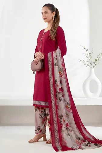 Red printed cotton blend stitched floral print salwar kurta dupatta for women
