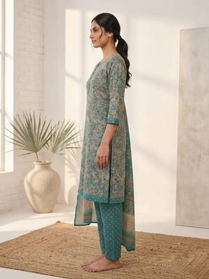 Teal printed cotton blend stitched floral print salwar kurta dupatta for women 2