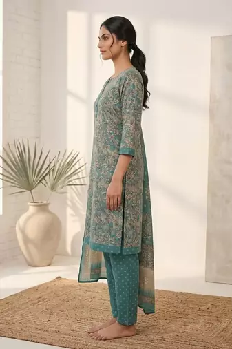 Teal printed cotton blend stitched floral print salwar kurta dupatta for women