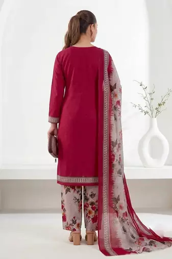 Red printed cotton blend stitched floral print salwar kurta dupatta for women