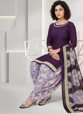 Purple printed cotton blend stitched geometric print salwar kurta dupatta for women 2