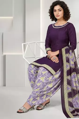 Purple printed cotton blend stitched geometric print salwar kurta dupatta for women