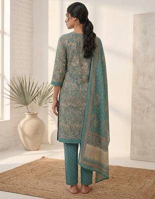 Teal printed cotton blend stitched floral print salwar kurta dupatta for women 3