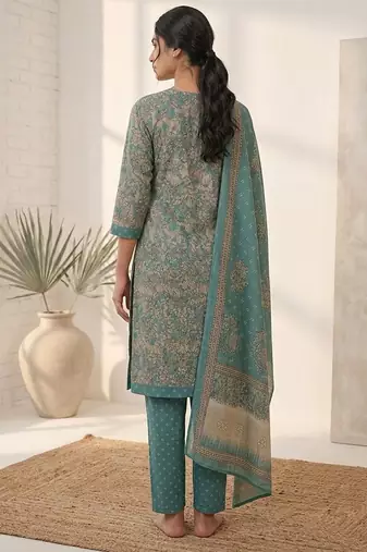 Teal printed cotton blend stitched floral print salwar kurta dupatta for women