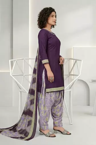 Purple printed cotton blend stitched geometric print salwar kurta dupatta for women