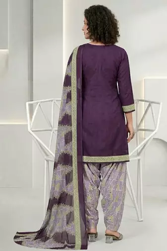 Purple printed cotton blend stitched geometric print salwar kurta dupatta for women