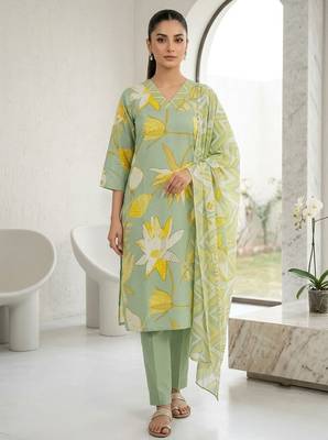 Green printed cotton blend stitched floral print salwar kurta dupatta for women 1