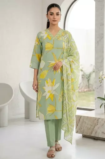 Green printed cotton blend stitched floral print salwar kurta dupatta for women