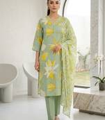Green printed cotton blend stitched floral print salwar kurta dupatta for women