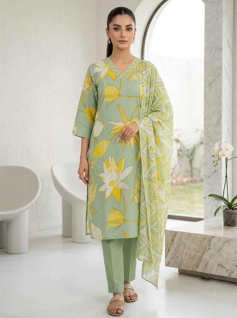 Green printed cotton blend stitched floral print salwar kurta dupatta for women