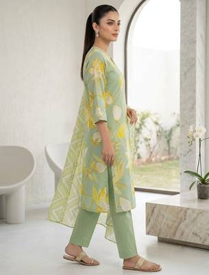 Green printed cotton blend stitched floral print salwar kurta dupatta for women 2