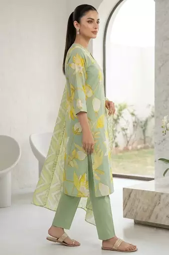 Green printed cotton blend stitched floral print salwar kurta dupatta for women