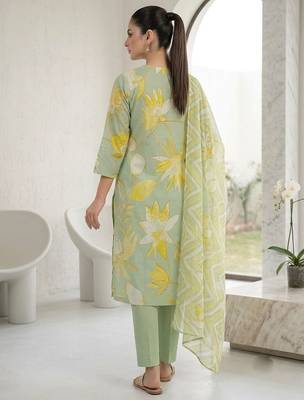 Green printed cotton blend stitched floral print salwar kurta dupatta for women 3