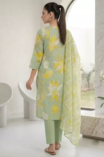 Green printed cotton blend stitched floral print salwar kurta dupatta for women
