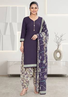 Purple printed cotton blend stitched floral print salwar kurta dupatta for women 1
