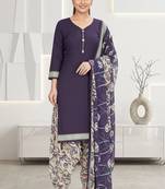 Purple printed cotton blend stitched floral print salwar kurta dupatta for women