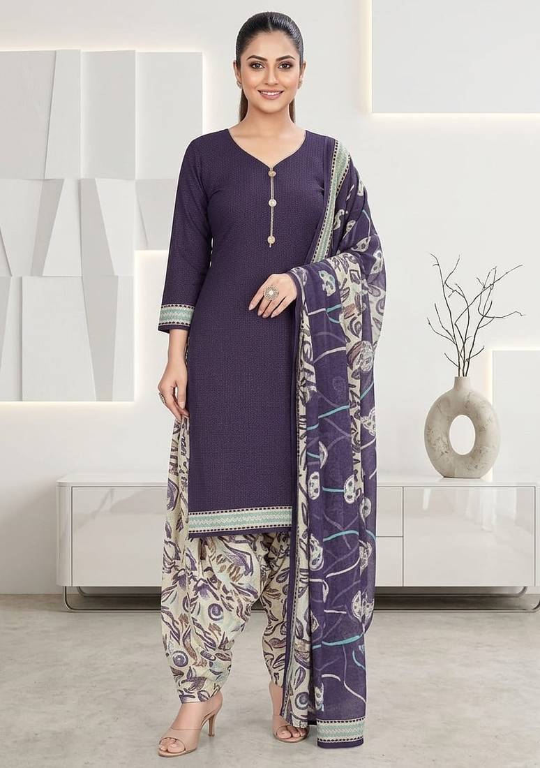 Purple printed cotton blend stitched floral print salwar kurta dupatta for women