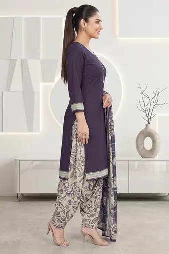 Purple printed cotton blend stitched floral print salwar kurta dupatta for women