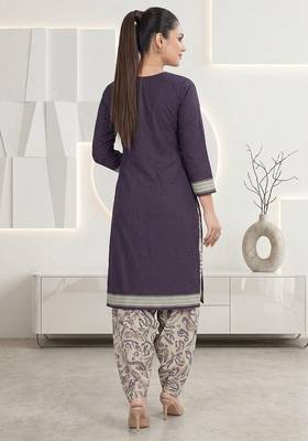 Purple printed cotton blend stitched floral print salwar kurta dupatta for women 3