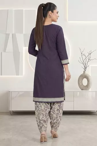 Purple printed cotton blend stitched floral print salwar kurta dupatta for women