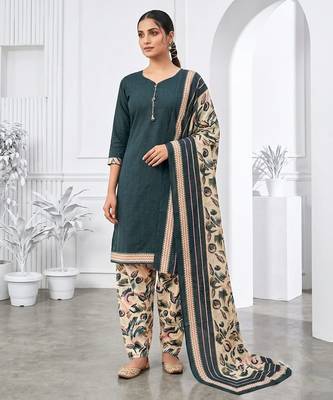 Teal green printed cotton blend stitched floral print salwar kurta dupatta for women 1